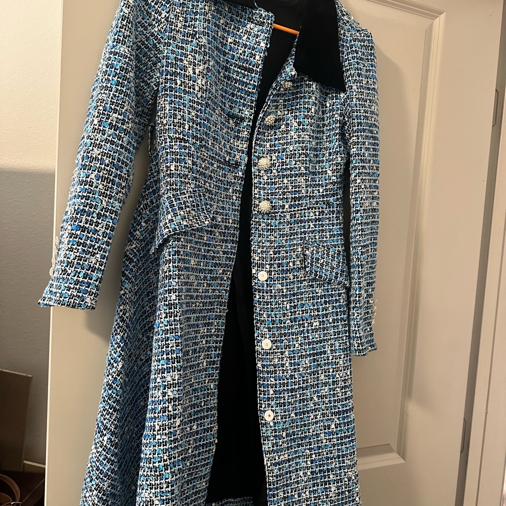 Chic Blue Tweed Trench Coat